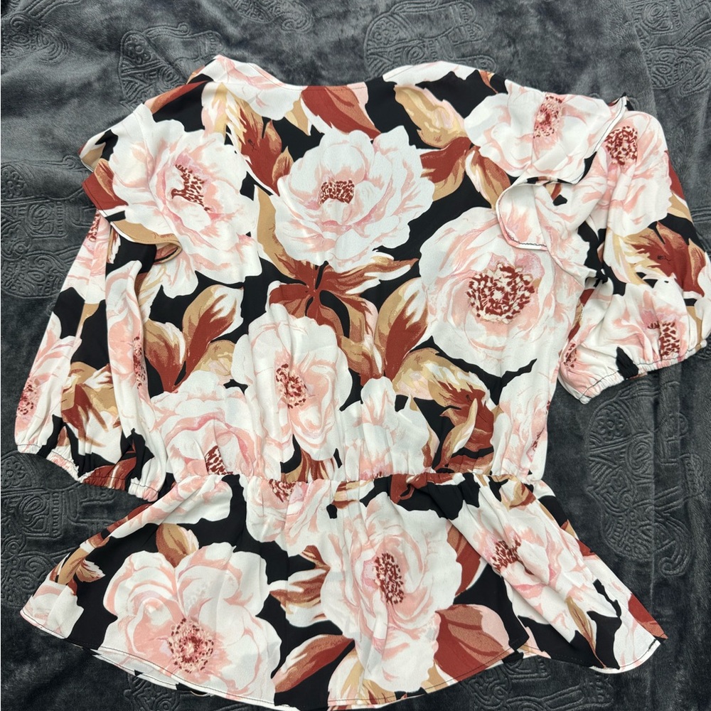 Express Black Floral Wrap Blouse with Puff Sleeves – Size S - Picture 8 of 9